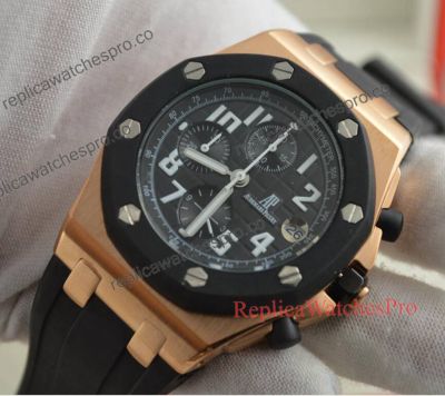 Replica Audemars Piguet Royal Oak Offshore Rose Gold Watch - Black Rubber Strap